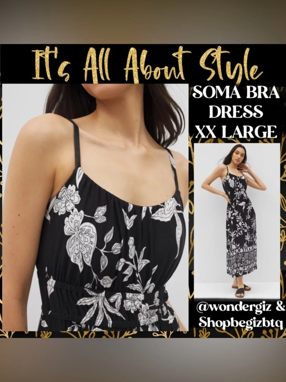 NWT Soma Soft Jersey Paradiso Midi Bra Dress In Peaceful Floral Black XX-LARGE_2